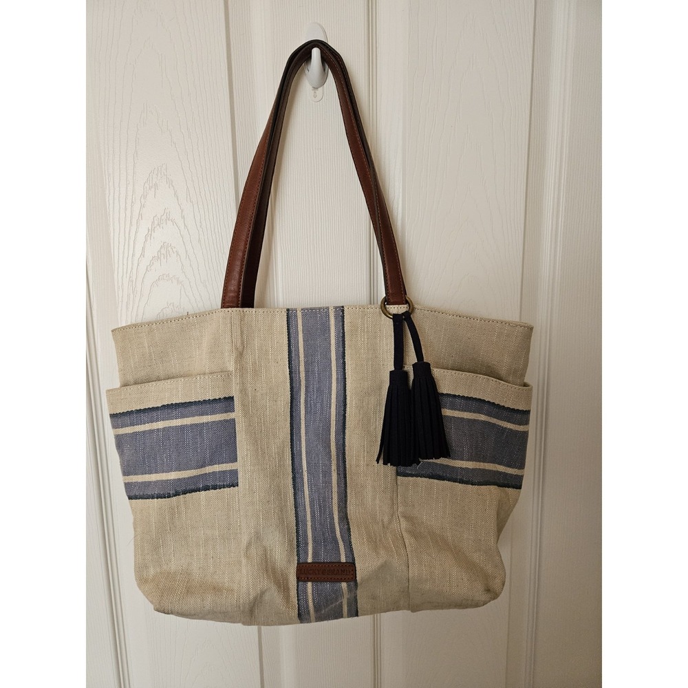 Lucky Brand Cora Fabric Tote Cream Blue Stripes Bohemian Tassels 11"x6.5"x18"